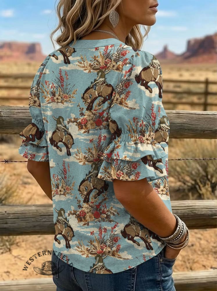 Women's Vintage Floral Print Puff Sleeve Casual Shirt