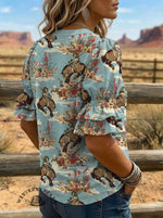 Women's Vintage Floral Print Puff Sleeve Casual Shirt