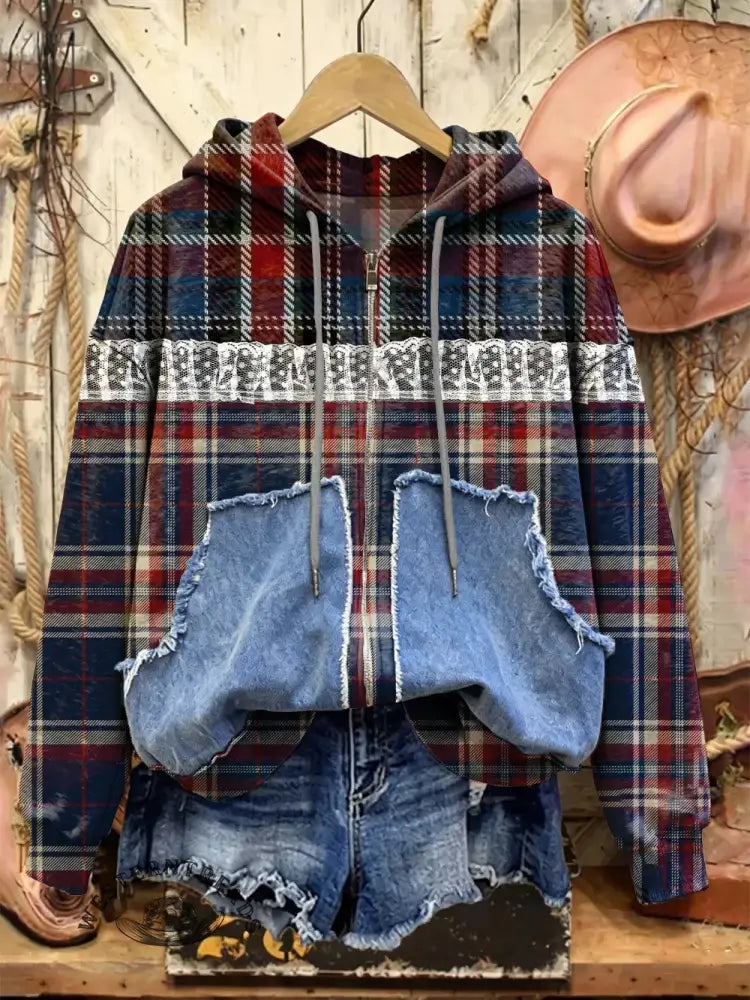 Retro Print Casual Cotton Patchwork Hooded Zip-up Sweatshirt