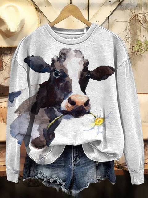Cow Art Print Casual Cotton Sweatshirt