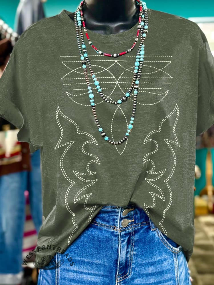Boot Stitch Western Print Casual T-shirt