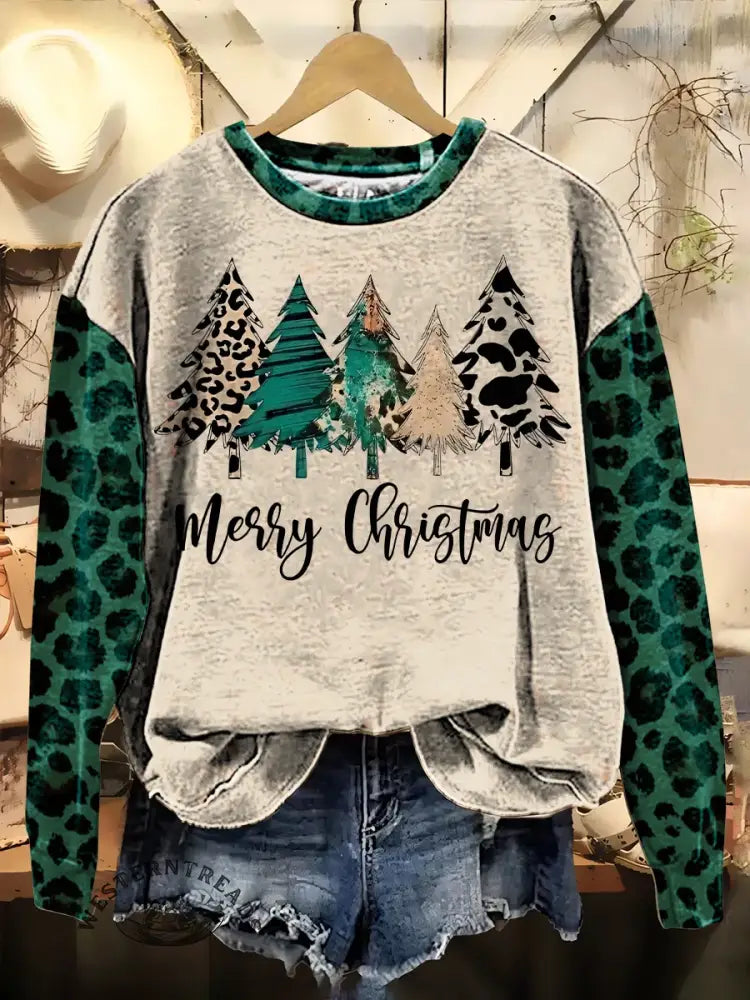 Retro Texture Christmas Tree Print Casual Cotton Sweatshirt