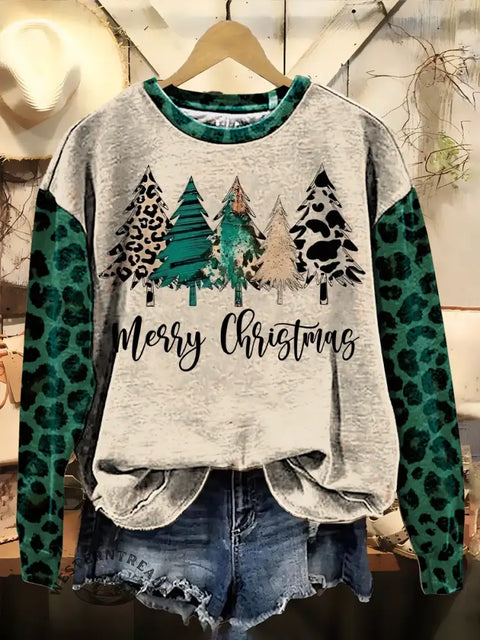 Retro Texture Christmas Tree Print Casual Cotton Sweatshirt