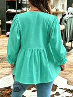 Mint Green Textured Peplum Top With Ruffle Sleeves