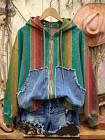 Retro Print Casual Cotton Patchwork Hooded Zip-up Sweatshirt