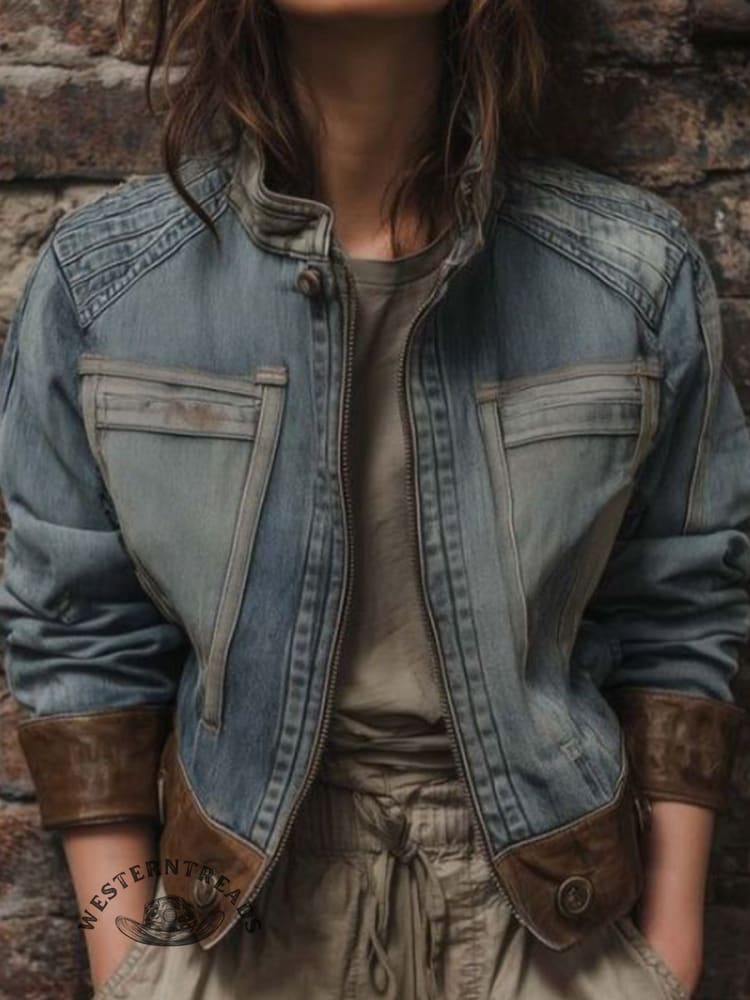 Retro Aztec Art Print Casual Patchwork Denim Jacket