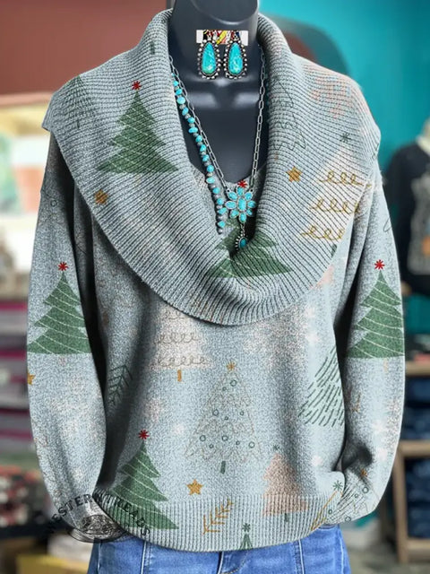 Christmas Art Print Cowl Neck Sweater