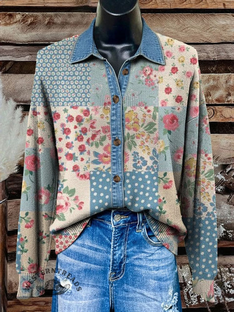 Denim Floral Polo Collar Button Cardigan Sweater