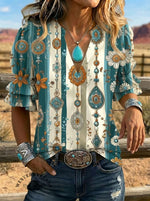 Women's Retro Floral Art Puff Sleeve Casual Shirt