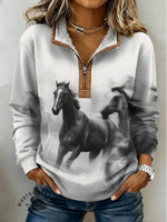 Horse Print Casual Half-zip Cotton Sweatshirt
