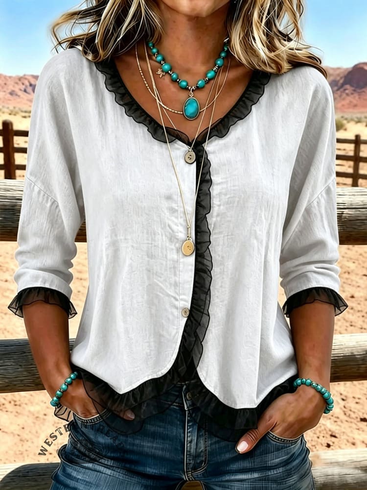 Women's Vintage Ruffled Chiffon Patchwork Casual Shirt