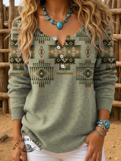 Retro Aztec Print Buttoned Cardigan Sweater