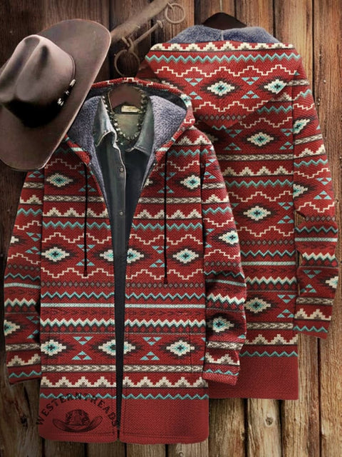 Aztec Print Unisex Plush Thick Long-sleeved Cardigan Coat