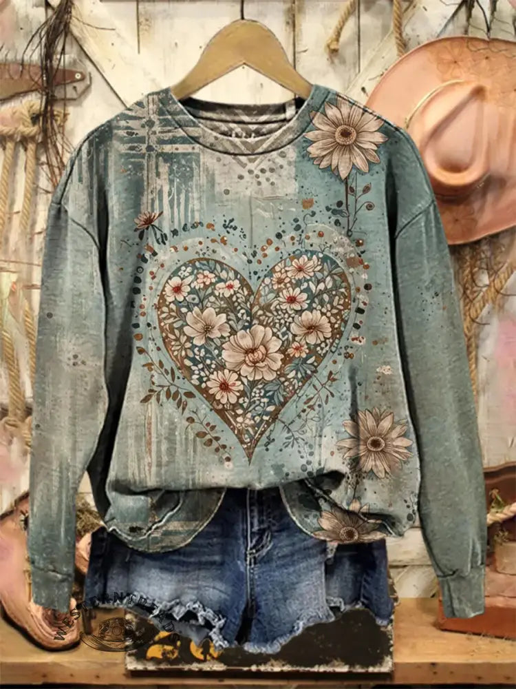 Vintage Flower Print Casual Cotton Sweatshirt