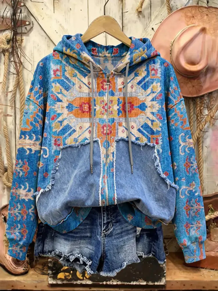 Retro Print Casual Cotton Patchwork Hooded Zip-up Sweatshirt
