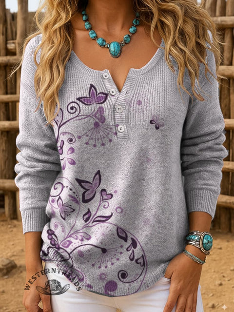 Floral Art Print Buttoned Cardigan Sweater