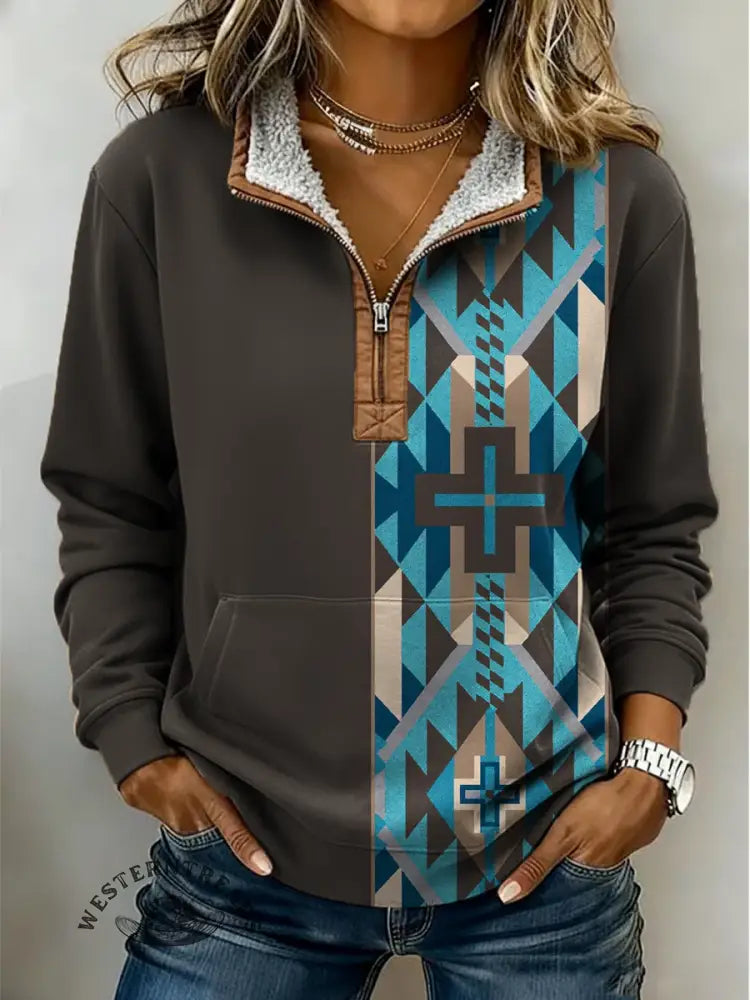 Simple Aztec Print Casual Half-zip Cotton Sweatshirt