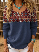 Women's Vintage Aztec Print Henley Neck Sweater Top