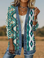 Vintage Retro Art Print Casual Cotton Patchwork Denim Coat