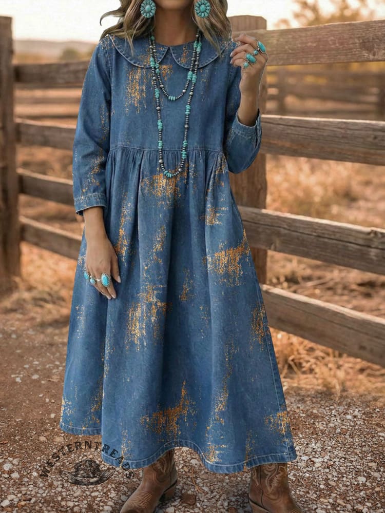 Vintage Elegant Denim Aztec Art Dress