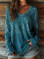 100% Cotton🍃Women's Floral Art Print Casual V-neck Long Sleeve T-shirt