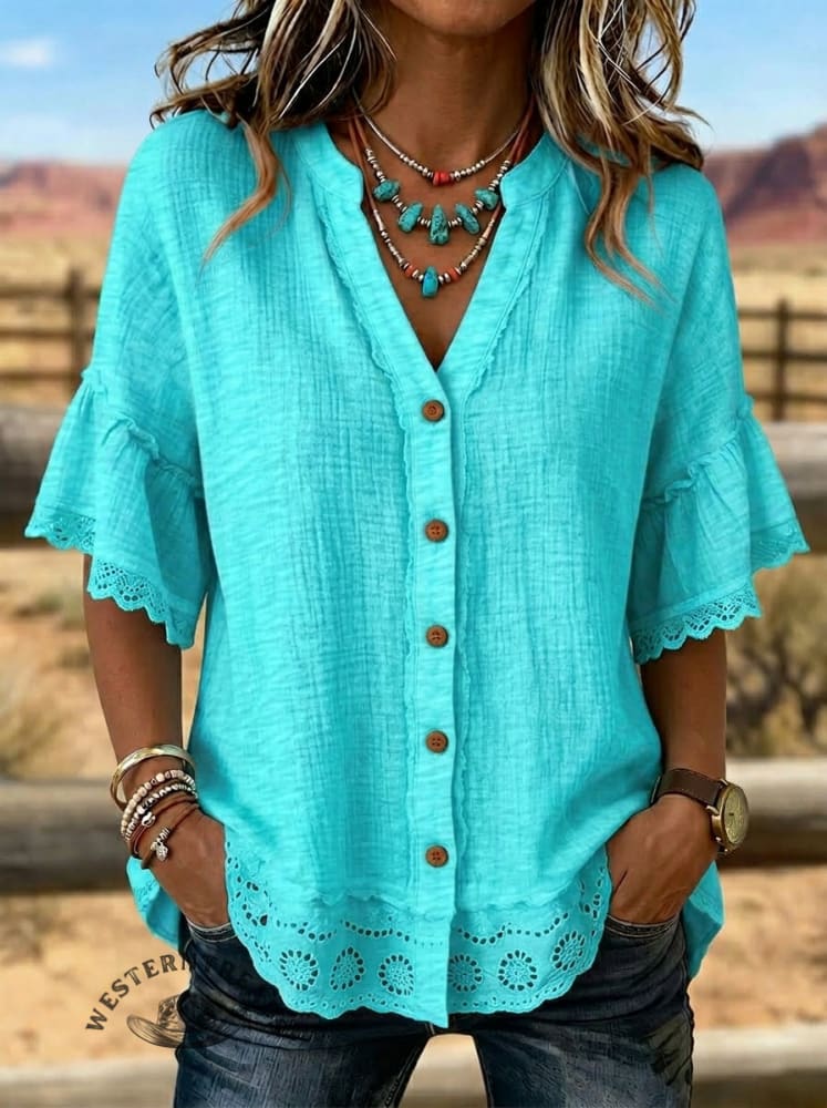 Women's Vintage Western Hollow Lace Patchwork Casual Shirt