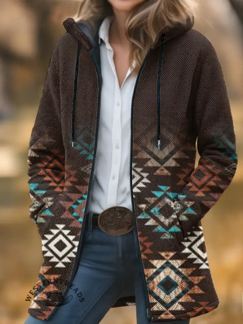 Gradient Aztec Print Unisex Plush Thick Long-sleeved Cardigan Coat