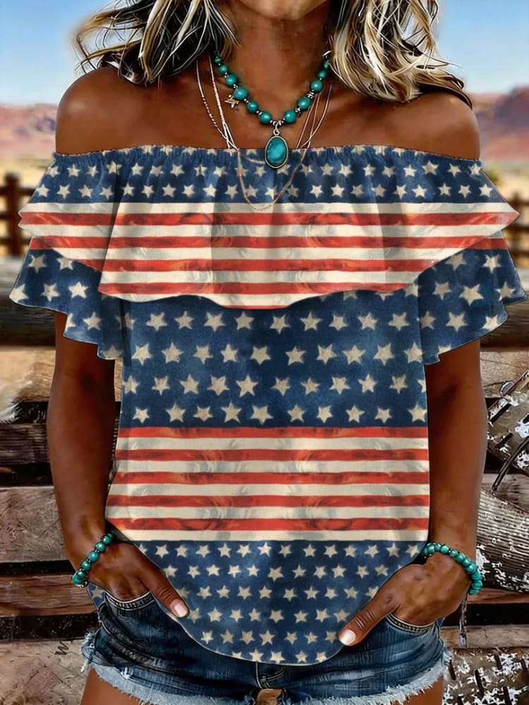 Women's Vintage US Independence Day Flowers Print Elastic Off-Shoulder Double-Layer Casual Shirt