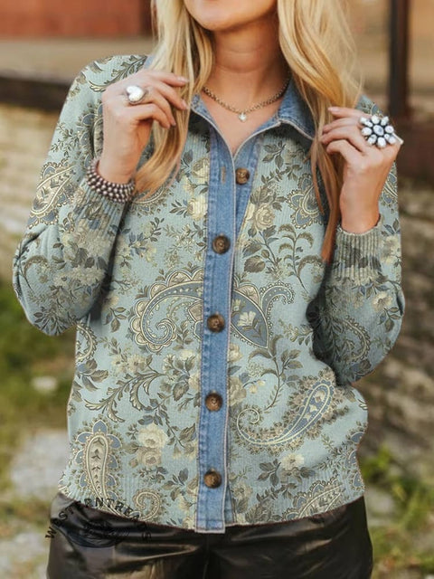 Paisley Print Denim Patchwork Contrast Plaid Polo Collar Button Cardigan Sweater