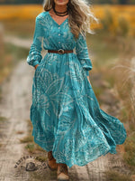 Women's Turquoise Print V-neck Button Pocket Cotton Dress