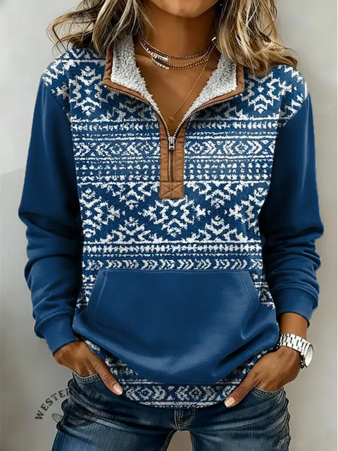 Blue Aztec Art Casual Half-zip Cotton Sweatshirt