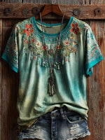 Ethnic Flowers Art Print Casual Short Sleeve T-shirt