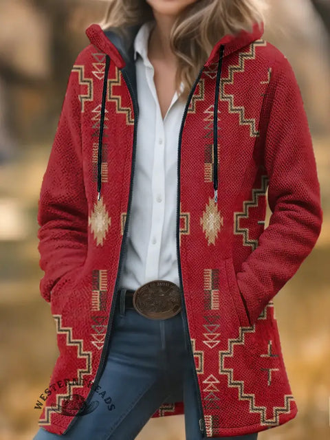 Red Aztec Print Unisex Plush Thick Long-sleeved Cardigan Coat