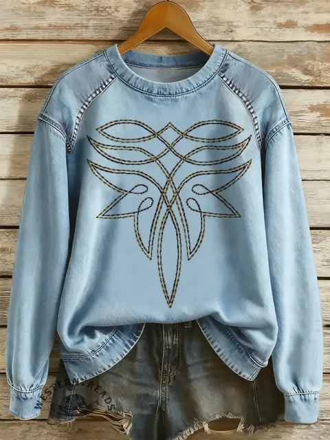Western Art Print Casual Denim Patchwork Sweatshirt