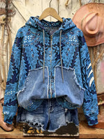 Retro Print Casual Cotton Patchwork Hooded Zip-up Sweatshirt