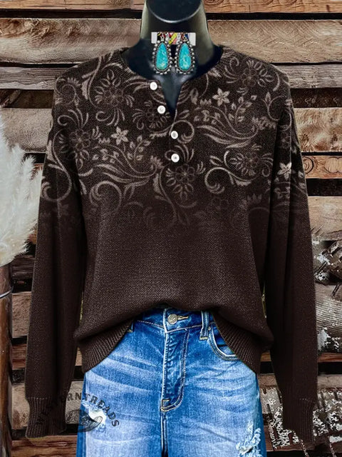 Retro Brown Gradient Flower Print Buttoned Cardigan Sweater