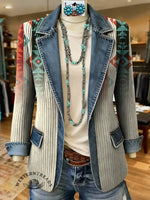Retro Aztec Art Pattern Print Patchwork Denim Sweater Cardigan Coat