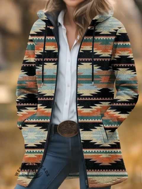 Color Aztec Print Unisex Plush Thick Long-sleeved Sweater Cardigan Coat
