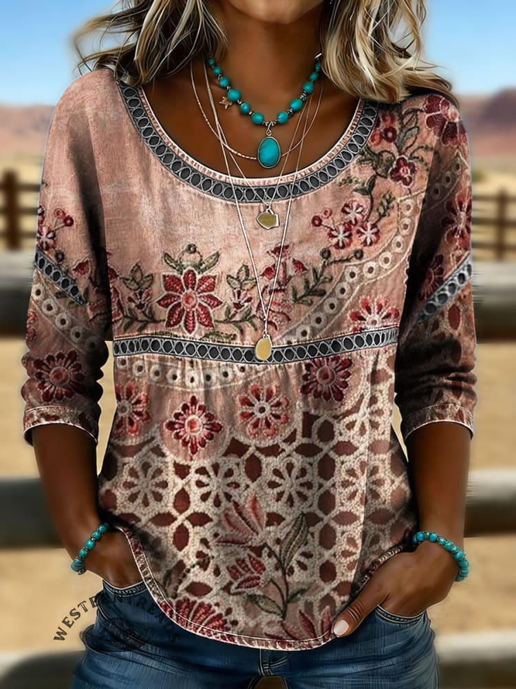 Vintage Floral Print Casual 3/4 Sleeves Hollow Denim Shirt