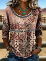 Vintage Floral Print Casual 3/4 Sleeves Hollow Denim Shirt