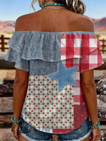 Women's Vintage Us Independence Day Star Print Elastic Off-shoulder Double-layer Casual Shirt