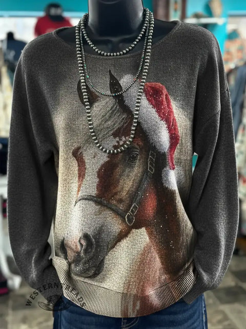 Christmas Horse Art Print Casual Sweater