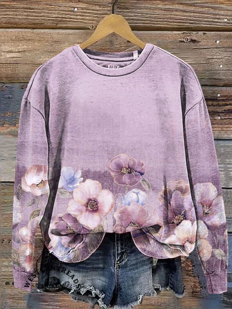 Retro Flowers Art Prints Casual Cotton Sweatshirt