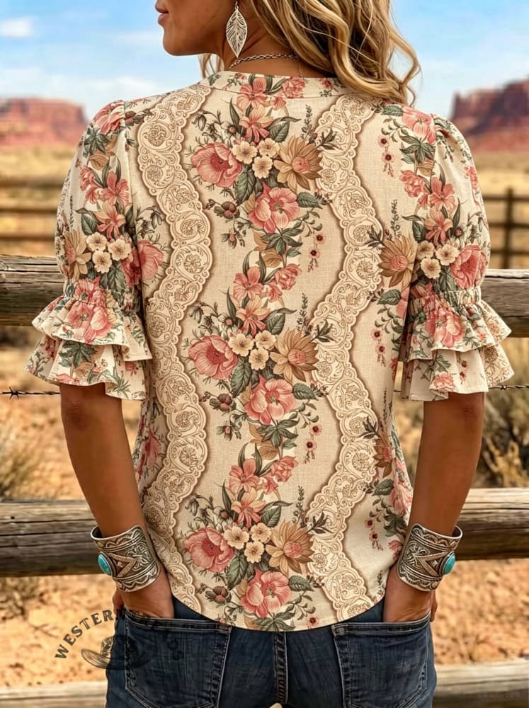 Women's Floral Print Puff Sleeve Casual Shirt