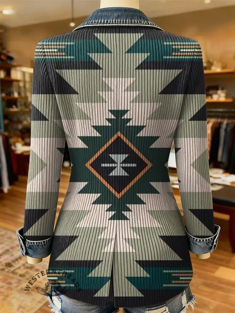 Vintage Aztec Art Print Patchwork Denim Sweater Cardigan Coat