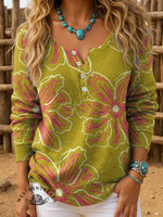 Women's Retro Flowers Art Print Henley Neck Sweater Top