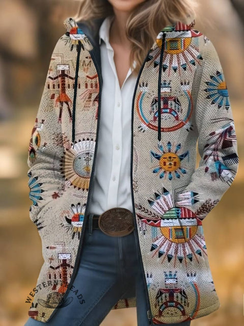 Aztec Print Unisex Plush Thick Long-sleeved Cardigan Coat