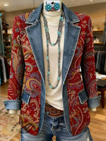 Paisley Print Patchwork Denim Sweater