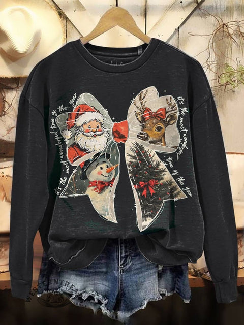 Christmas Coquette Bow Print Casual Cotton Sweatshirt