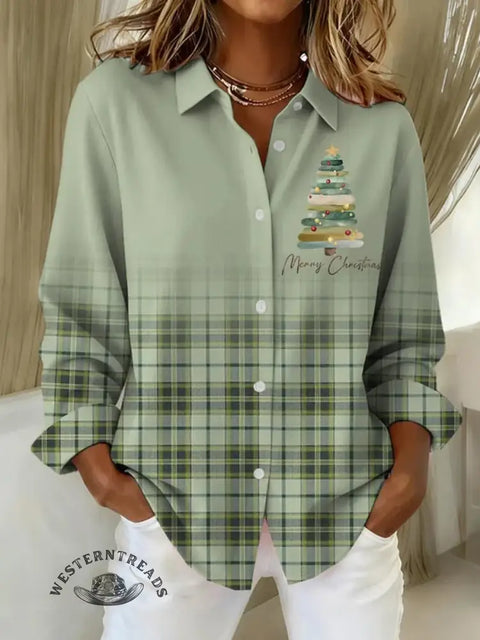Women's Christmas Tree Plaid Print Casual Cotton Shirt